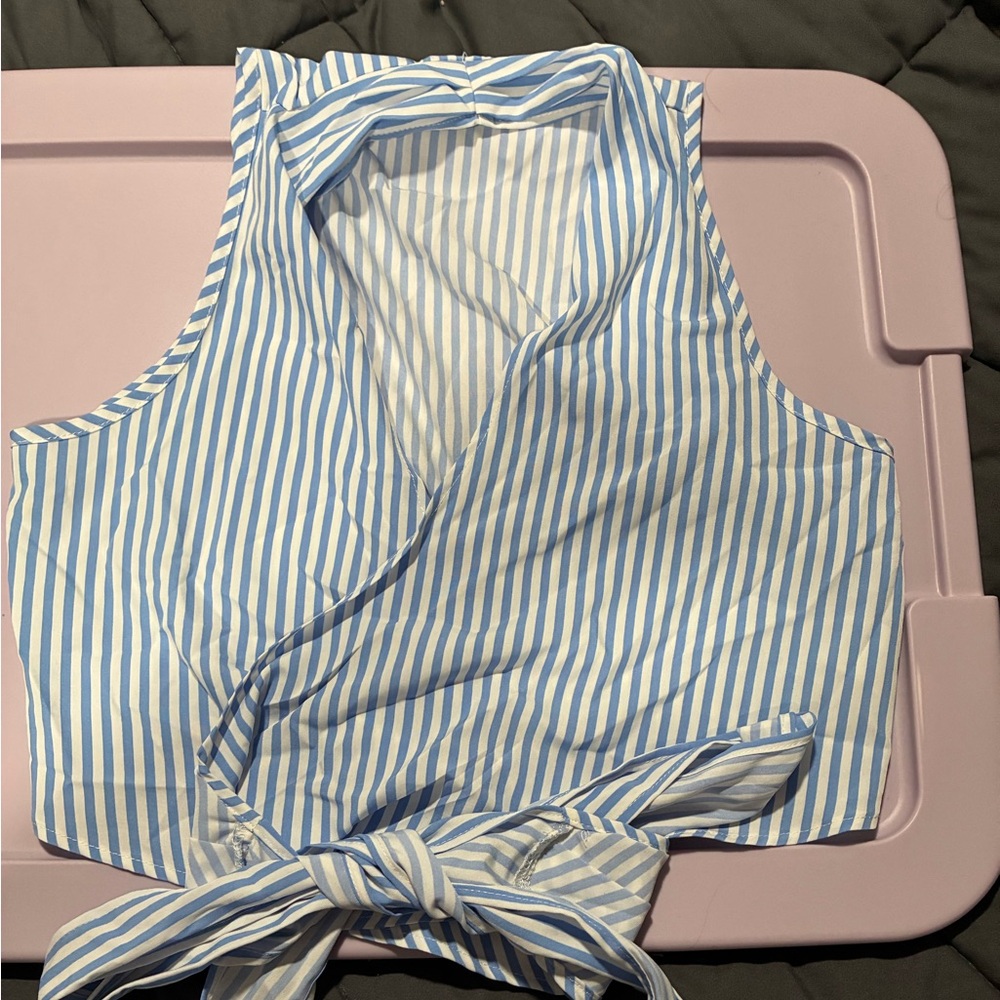 SHEIN Blue and White Striped Wrap Blouse